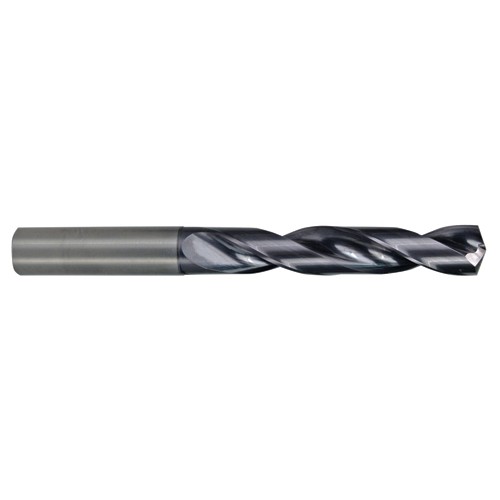 7/32″ Dia. × 15/64″ Shank × 1.58″ Flute Length × 3.23″ OAL, 5xD, 142°, AlTiN, 2 Flute, External Coolant, Round Solid Carbide Drill